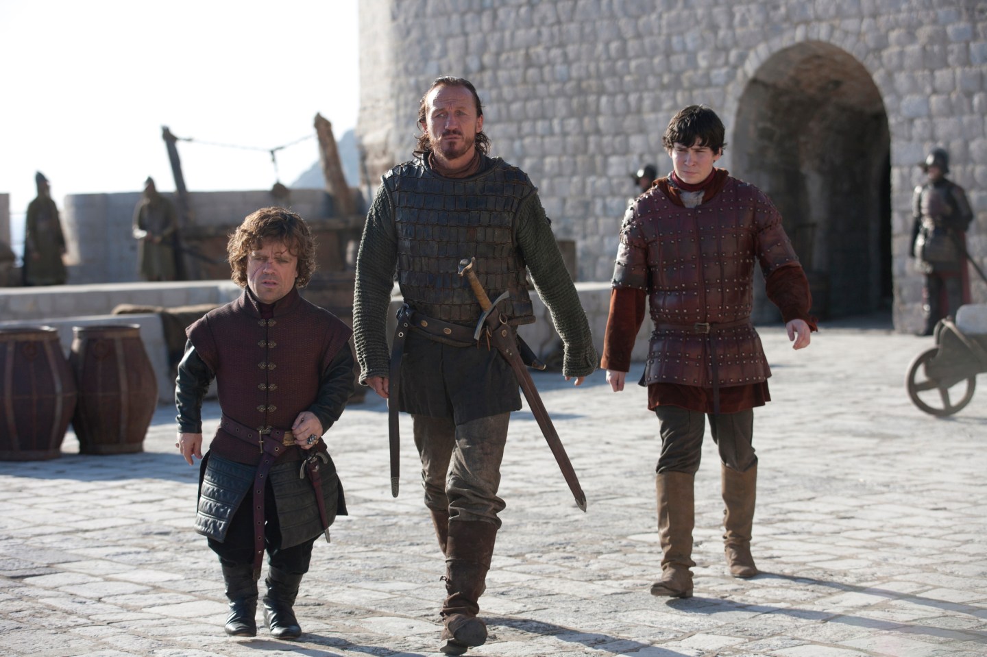 Game of Thrones Peter Dinklage as Tyrion Lannister, Jerome Flynn as Bronn and Daniel Portman as Podrick Payne.