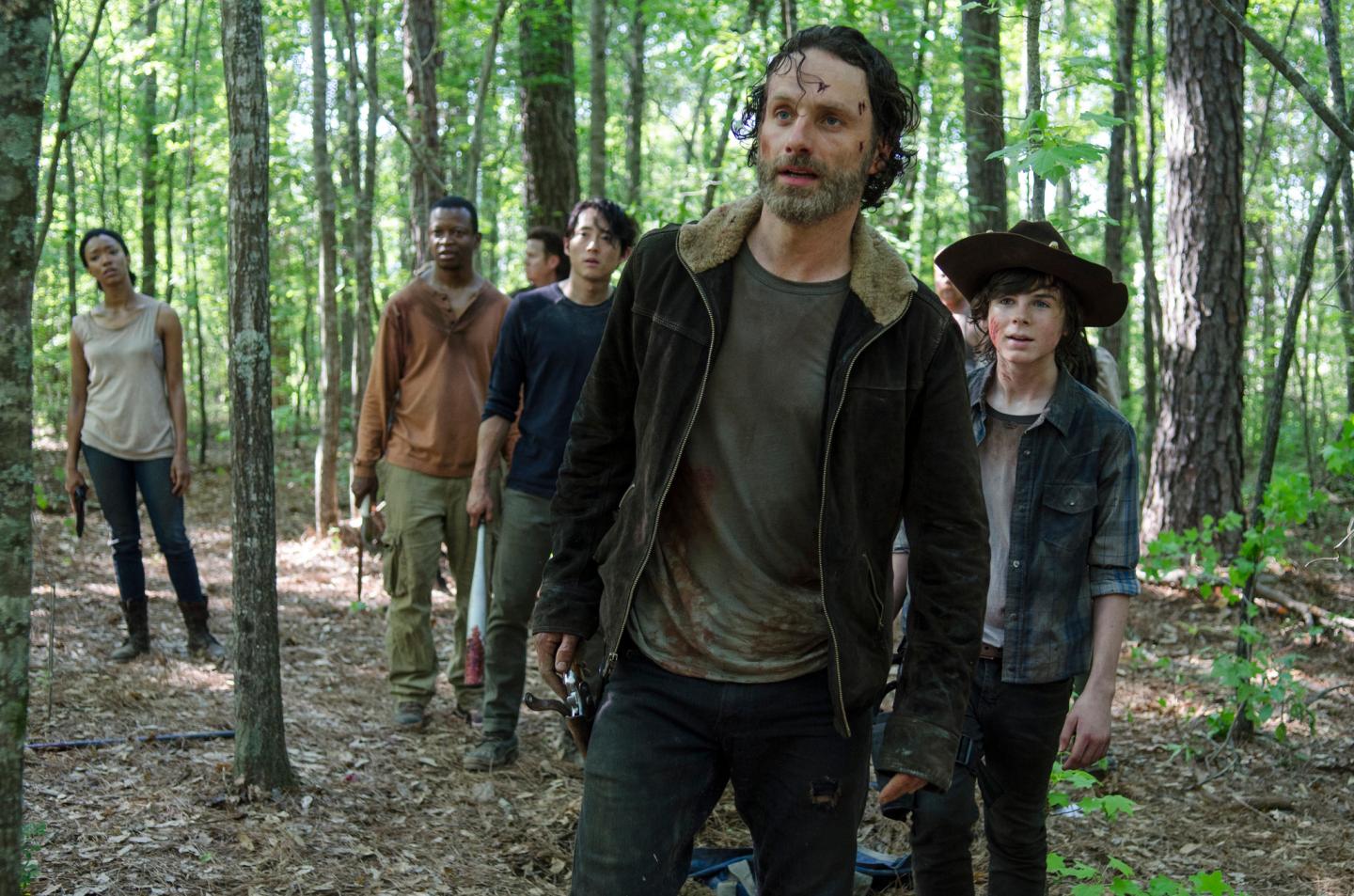 Sonequa Martin-Green as Sasha, Lawrence Gilliard Jr. as Bob Stookey, Josh McDermitt as Dr. Eugene Porter, Steven Yeun as Glenn Rhee, Andrew Lincoln as Rick Grimes and Chandler Riggs as Carl Grimes - The Walking Dead _ Season 5, Episode 1 - Photo Credit: Gene Page/AMC