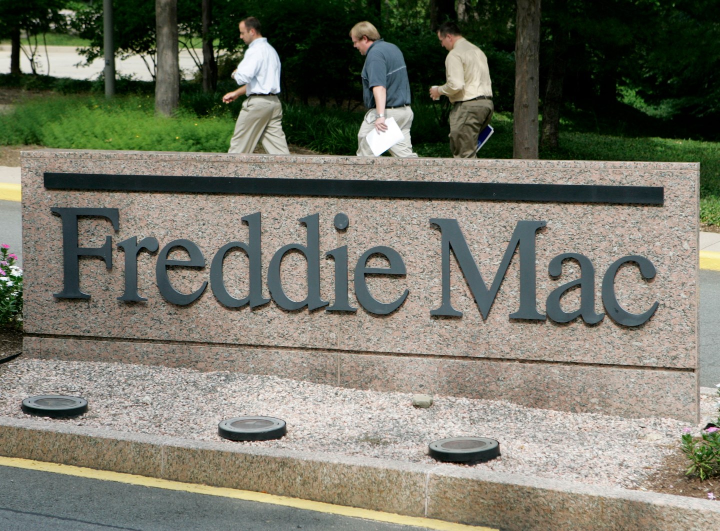 The corporate logo for Freddie Mac is seen at its headquarters building in McLean