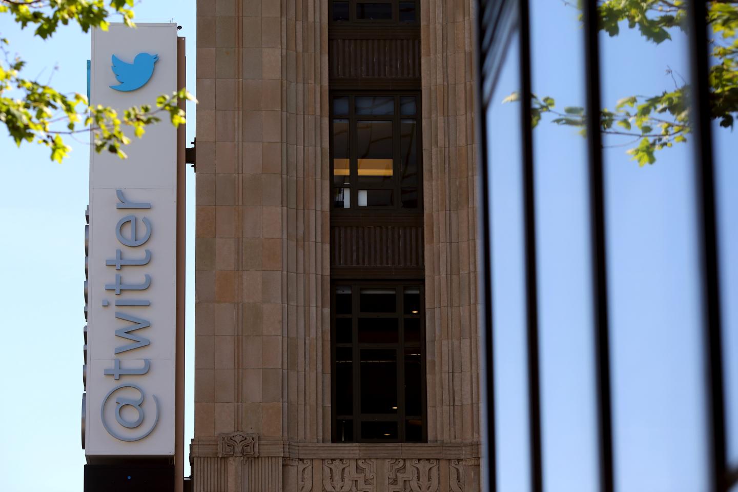 The Twitter logo is pictured at its headquarters on Market Street in San Francisco