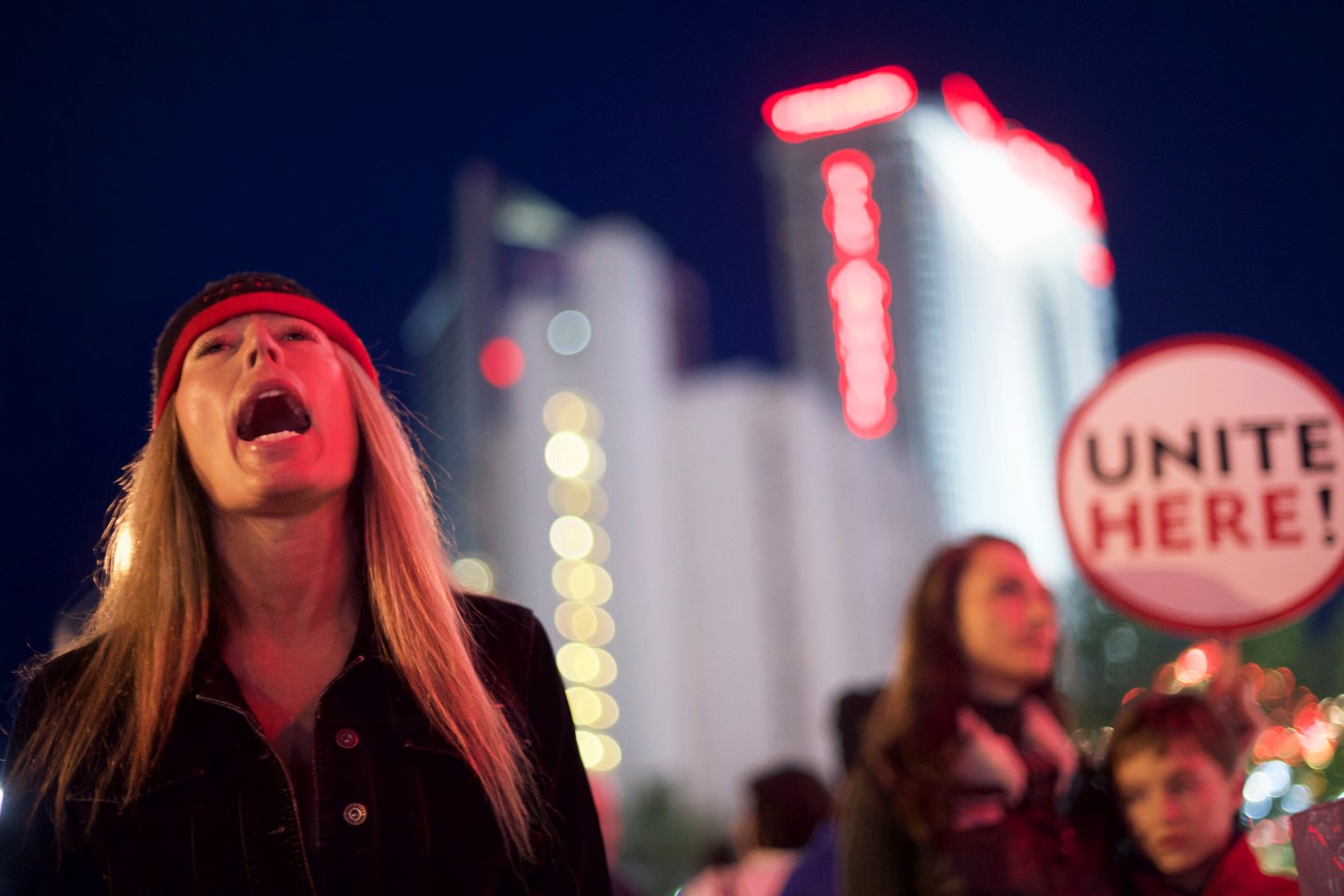 Union members from UNITE HERE Local 54 rally outside the Trump Taj Mahal Casino in Atlantic City, New Jersey