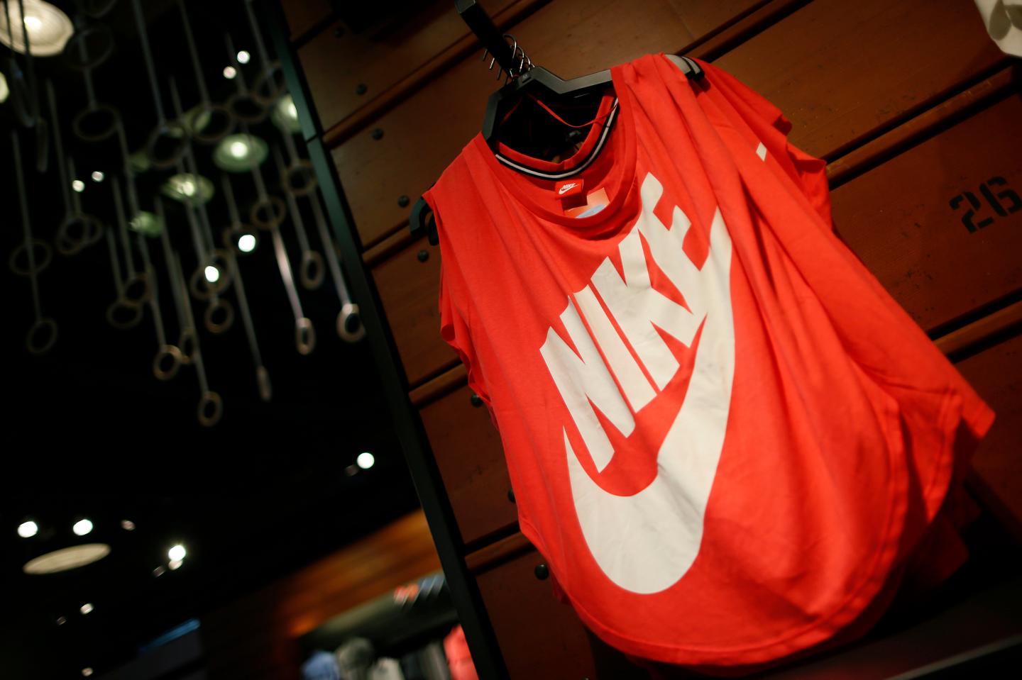 Clothes are displayed in the Nike store in Santa Monica