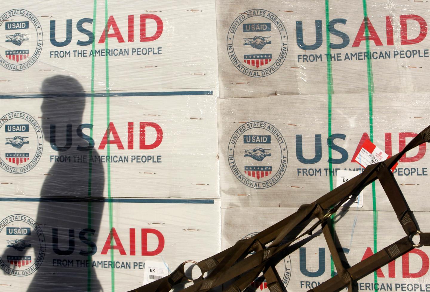 Boxes of relief items from USAID arrive for victims of super typhoon Haiyan, in Manila