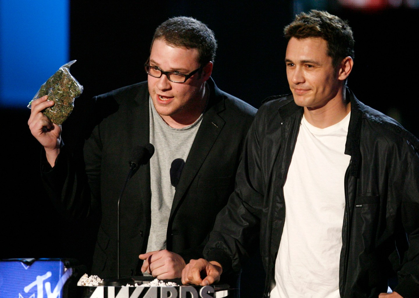 Seth Rogan and James Franco perform in a skit about marijuana at the 2008 MTV Movie Awards in Los Angeles