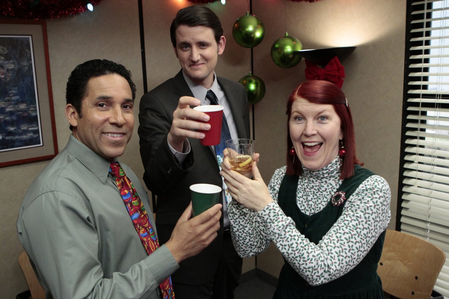 Oscar Nuñez as Oscar Martinez, left, Zach Woods as Gabe Lewis and Kate Flannery as Meredith Palmer in NBC's "The Office".
