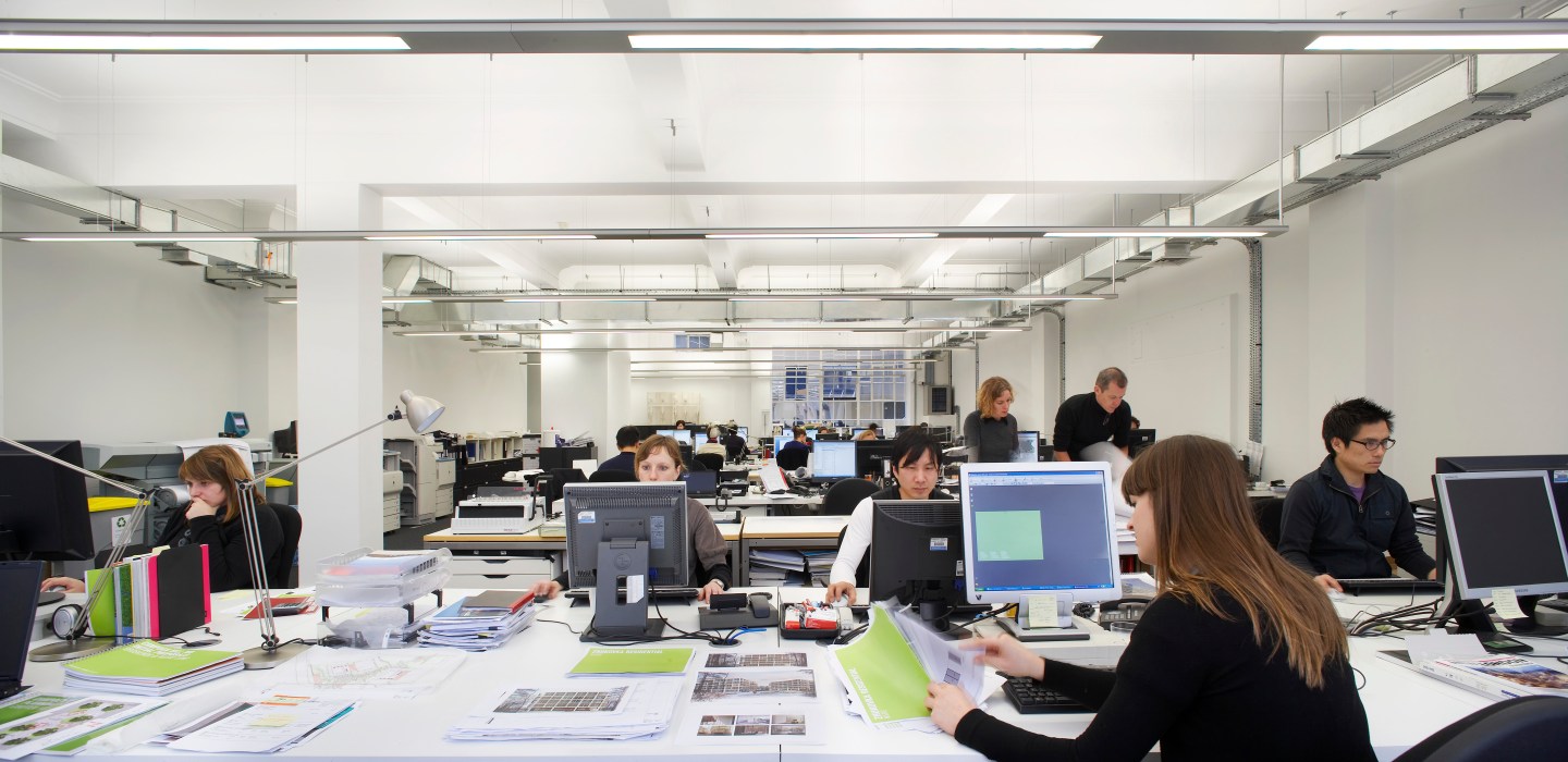 John Mcaslan And Partners London Office, 79 William Road, London, Nw1, United Kingdom Architect: John Mcaslan And Partners 2009 London Office, John Mcaslan And Partners, London, Uk, 2009 Interior Shot Of People Working At Desks In The Open Plan