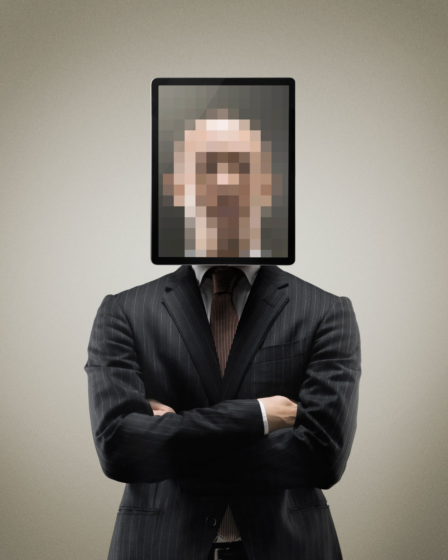 Pixellated portrait of man with digital tablet