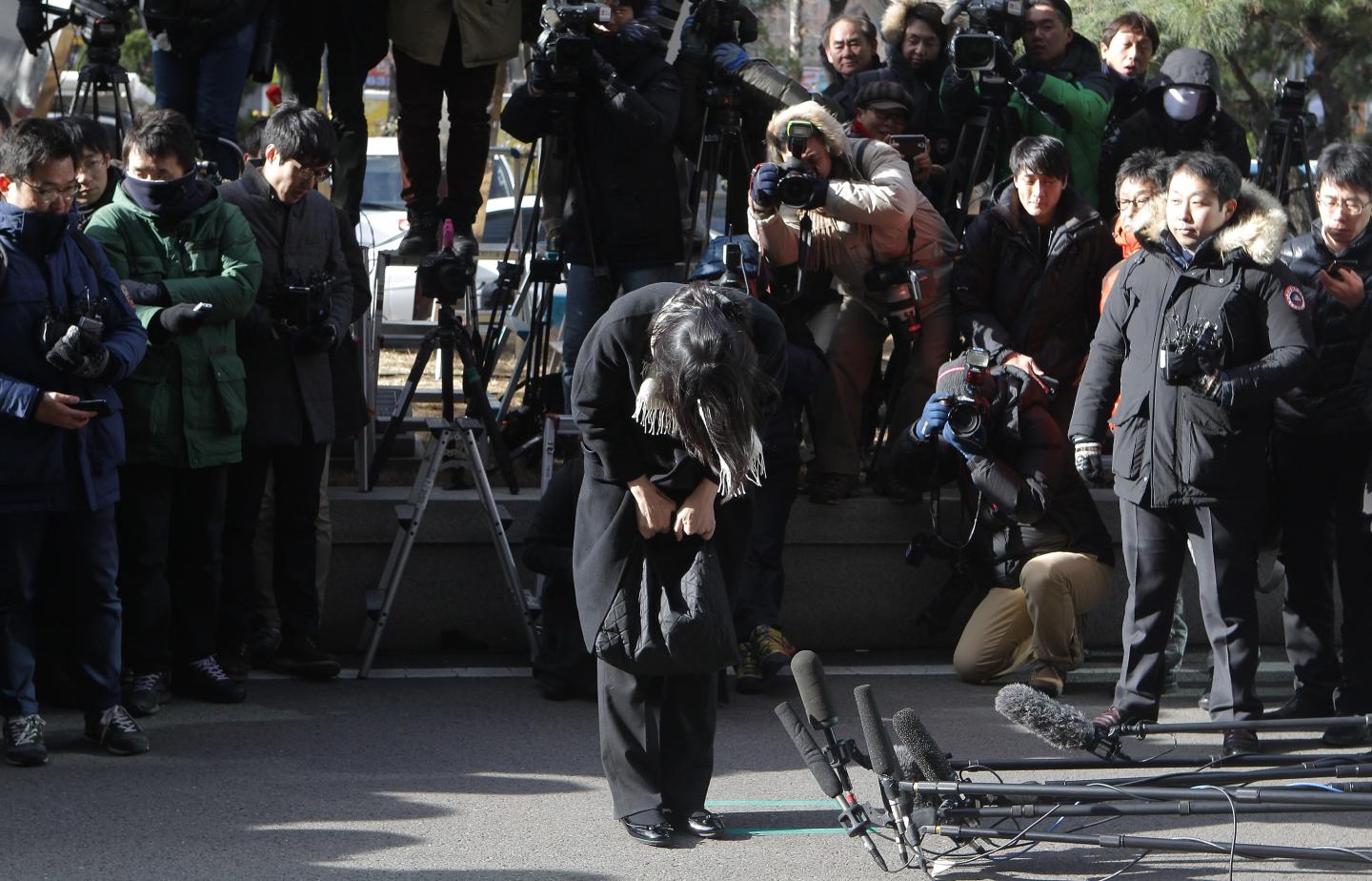 <> on December 17, 2014 in Seoul, South Korea. Former Korean Air Lines Co. Vice President Cho Hyun-ah will be questioned by Prosecutors' Office for suspicions of violating the aviation safety law in the incident when Cho allegedly ordered the chief purser of a Korean Air Airbus A 380 jet traveling from New York to Incheon to leave the plane over how nuts were served, causing the jet with 250 passengers to arrive 11 minute late in Incheon.