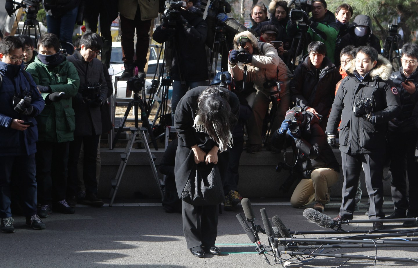 <> on December 17, 2014 in Seoul, South Korea. Former Korean Air Lines Co. Vice President Cho Hyun-ah will be questioned by Prosecutors' Office for suspicions of violating the aviation safety law in the incident when Cho allegedly ordered the chief purser of a Korean Air Airbus A 380 jet traveling from New York to Incheon to leave the plane over how nuts were served, causing the jet with 250 passengers to arrive 11 minute late in Incheon.