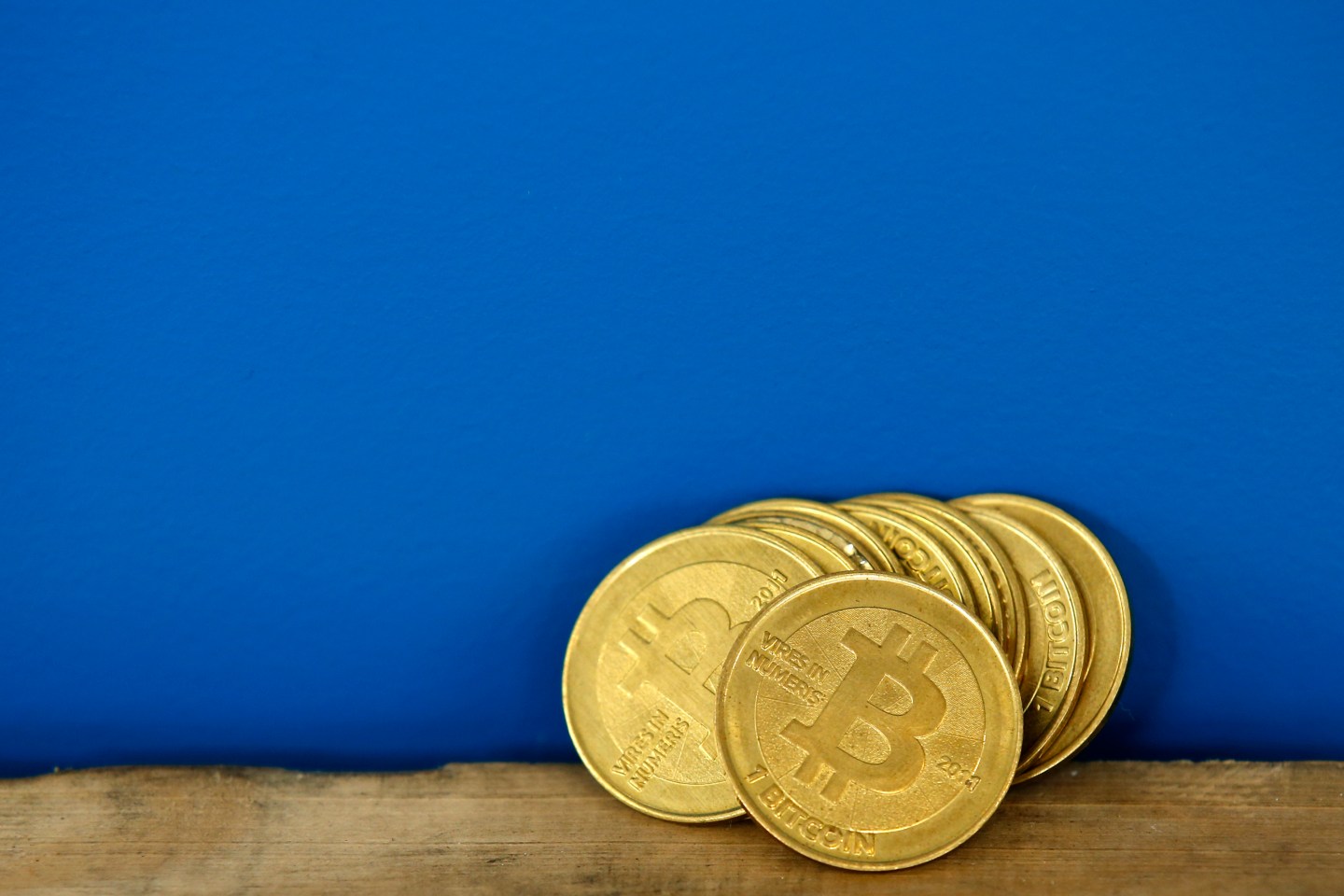 Bitcoin (virtual currency) coins are seen in an illustration picture taken at La Maison du Bitcoin in Paris