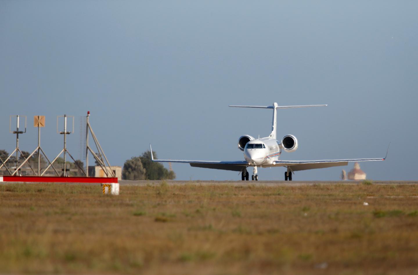 A Gulfstream G450 private jet with U.S. actor Brad Pitt onboard arrives at Malta International Airport