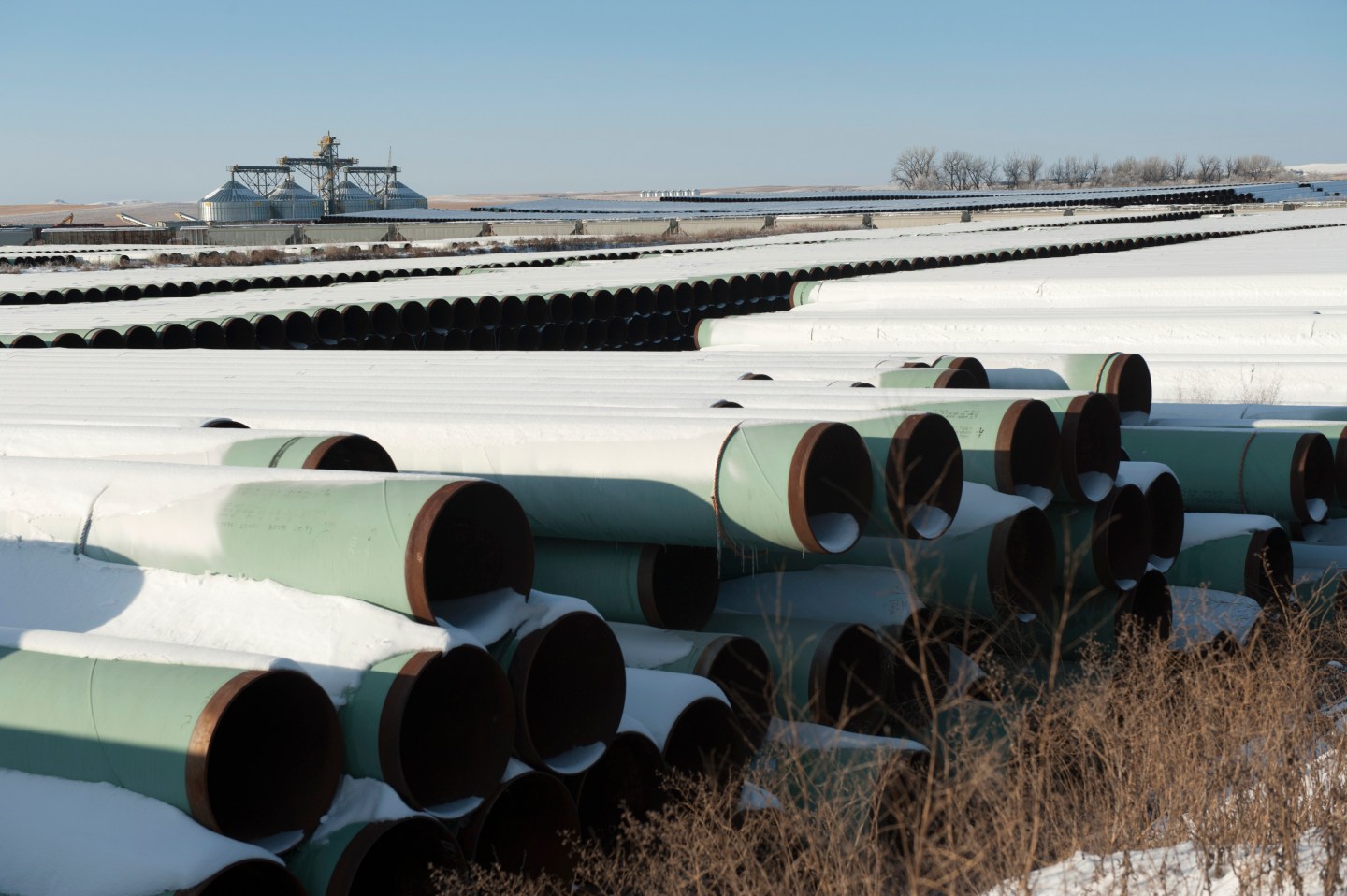 A depot used to store pipes for Transcanada Corp's planned Keystone XL oil pipeline is seen in Gascoyne North Dakota