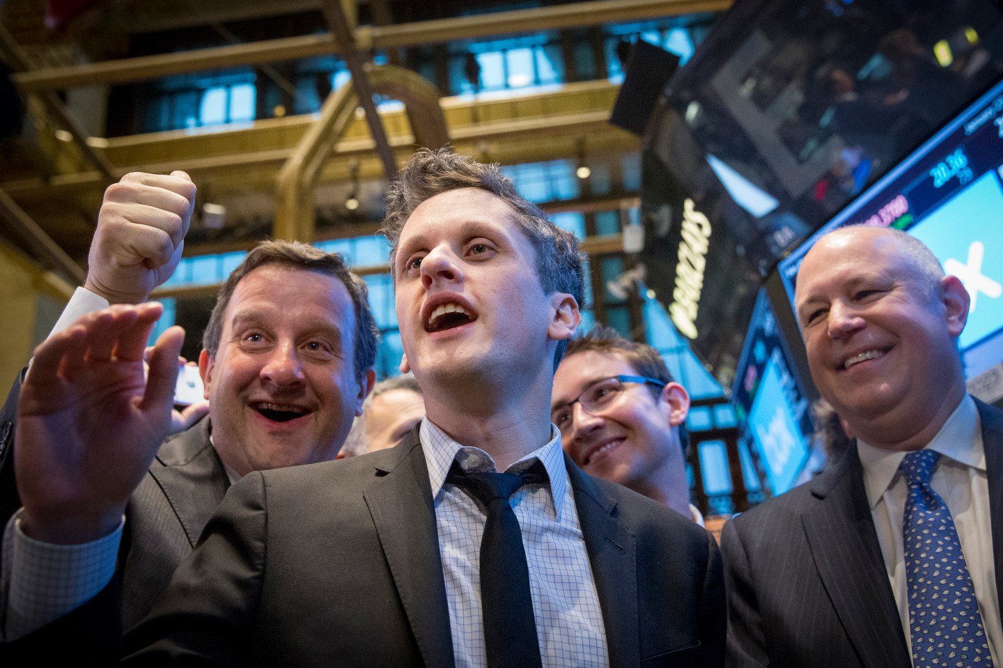 Box Inc Co-Founder and CEO Levie and Co-Founder and CFO Smith celebrate their company's IPO on the floor of the New York Stock Exchange