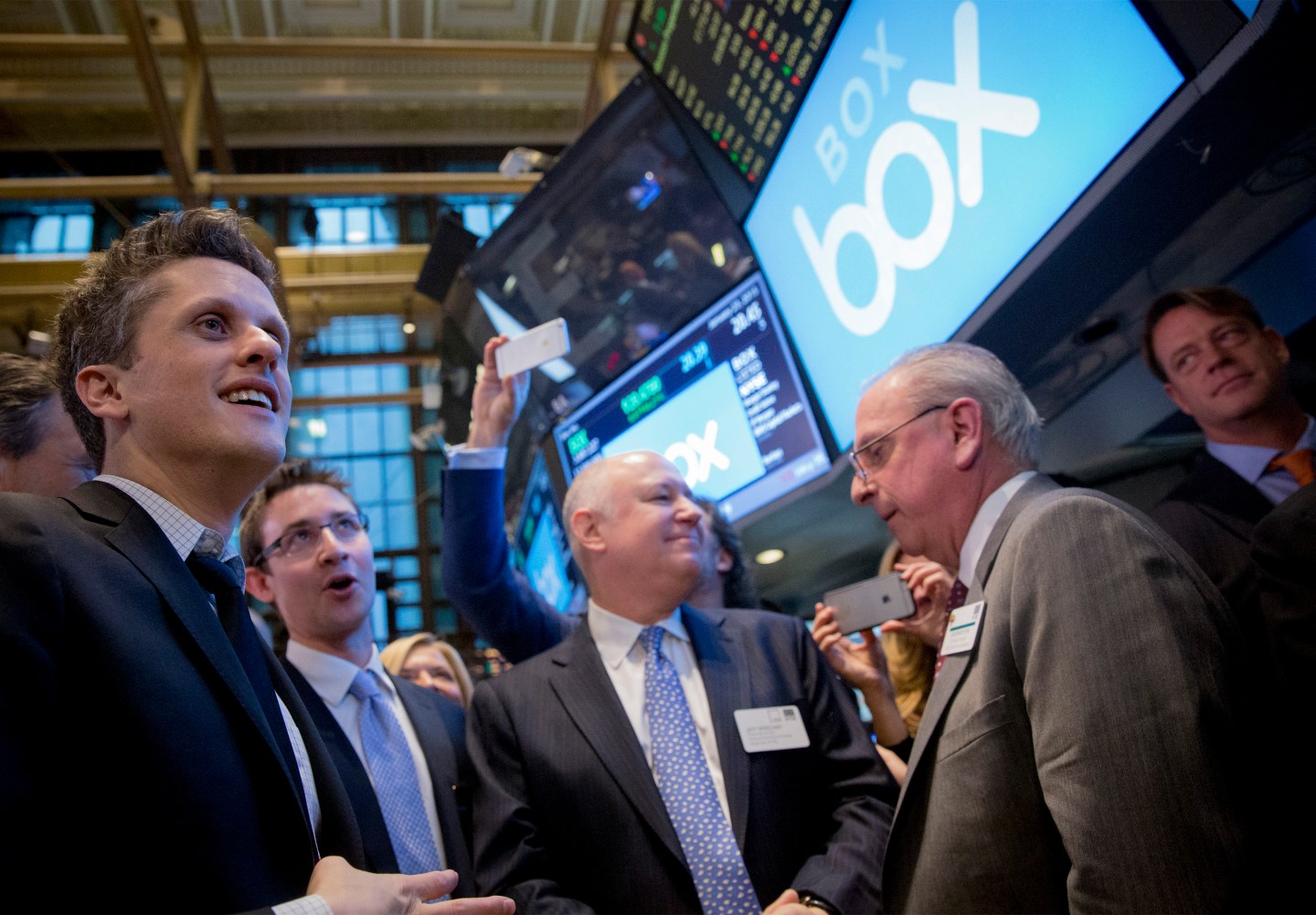 Box Inc Co-Founder and CEO Levie and Co-Founder and CFO Smith celebrate their company's IPO on the floor of the New York Stock Exchange