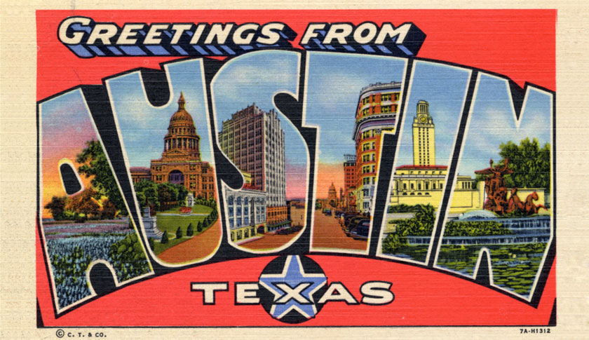 Greetings from Austin, Texas, a large letter postcard of Austin, Texas showing views of the city in each letter, 1937. (Photo by Lake County Museum/Getty Images)