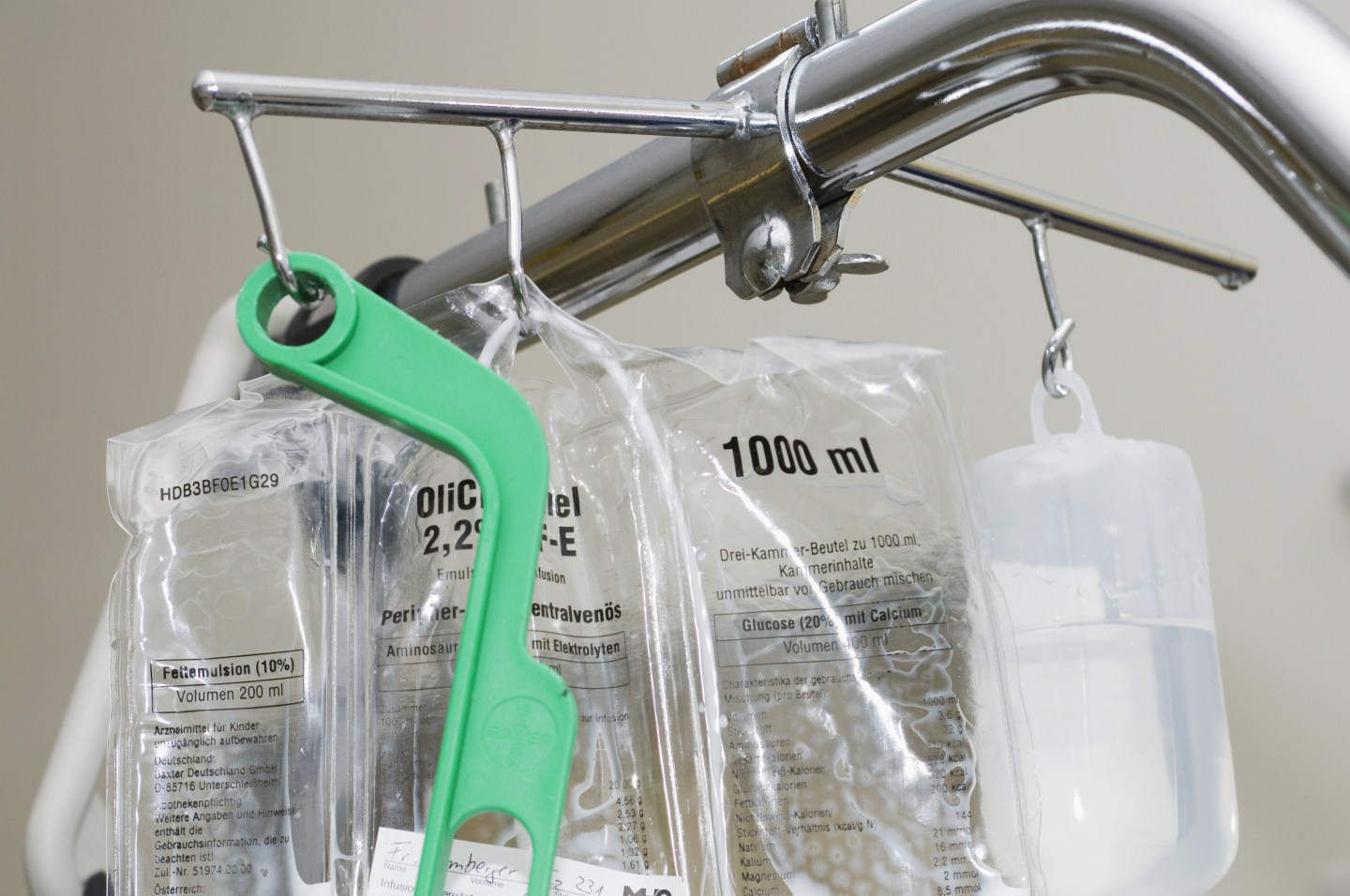 Close-up of various intravenous solutions used during operations