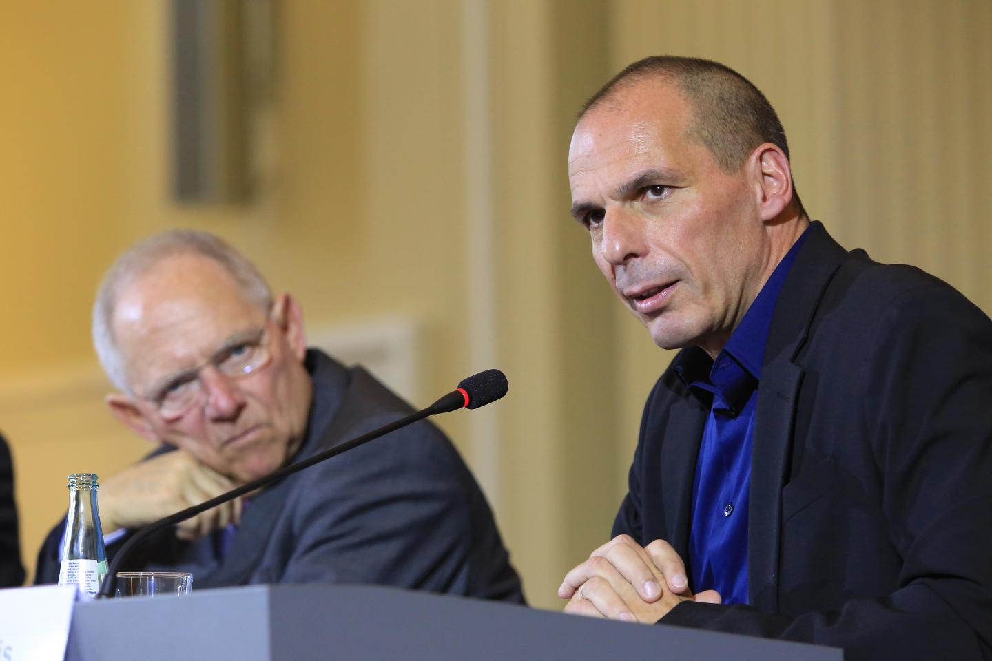 Greek Finance Minister Yanis Varoufakis Attends News Conference With Germany's Finance Minister Wolfgang Schaeuble