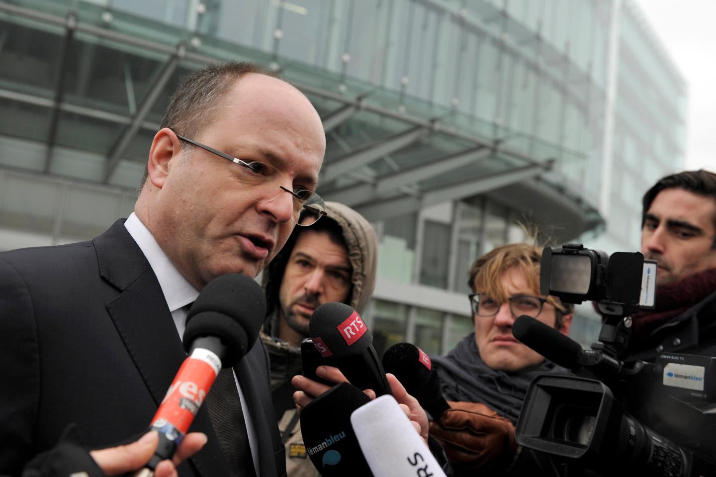 GENEVA, SWITZERLAND - FEBRUARY 18:  Geneva Attorney General Olivier Jornot delivers a statement to the press as a search is currently underway in the HSBC offices private bank on February 18, 2015 in Geneva, Switzerland.  Swiss prosecutors have started searching offices of the Geneva subsidiary of HSBC bank in an inquiry relating to alleged money-laundering. (Photo by Harold Cunningham/Getty Images)
