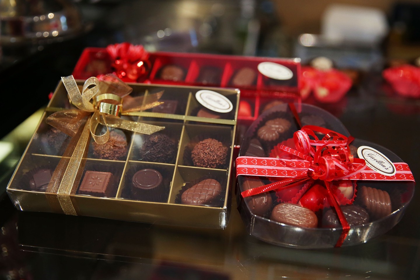 SYDNEY, AUSTRALIA - FEBRUARY 12: Heart shaped chocolates are displayed in a chocolate shop as Sydneysiders prepare for Valentine's Day on February 12, 2014 in Sydney, Australia. St. Valentine's Day or the Feast of Saint Valentine began as a celebration of the early Christian Saint Valentinus. From the 18th Century onwards it has steadily transformed into a celebration of romantic love and sentiment in many countries around the world. (Photo by Brendon Thorne/Getty Images)