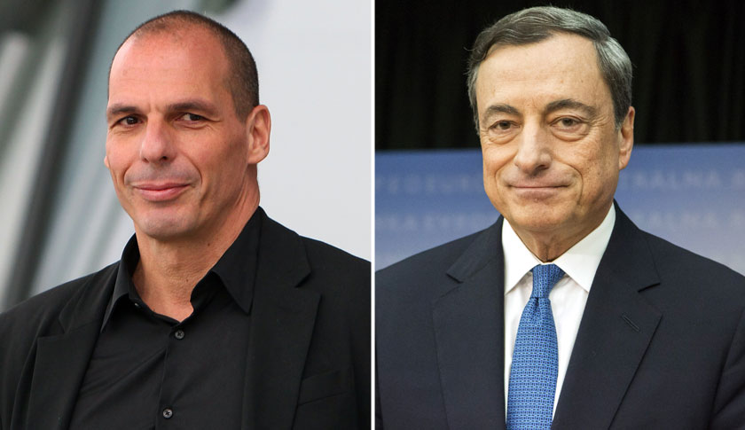 Greek Finance Minister Yanis Varoufakis, left and President Mario Draghi.