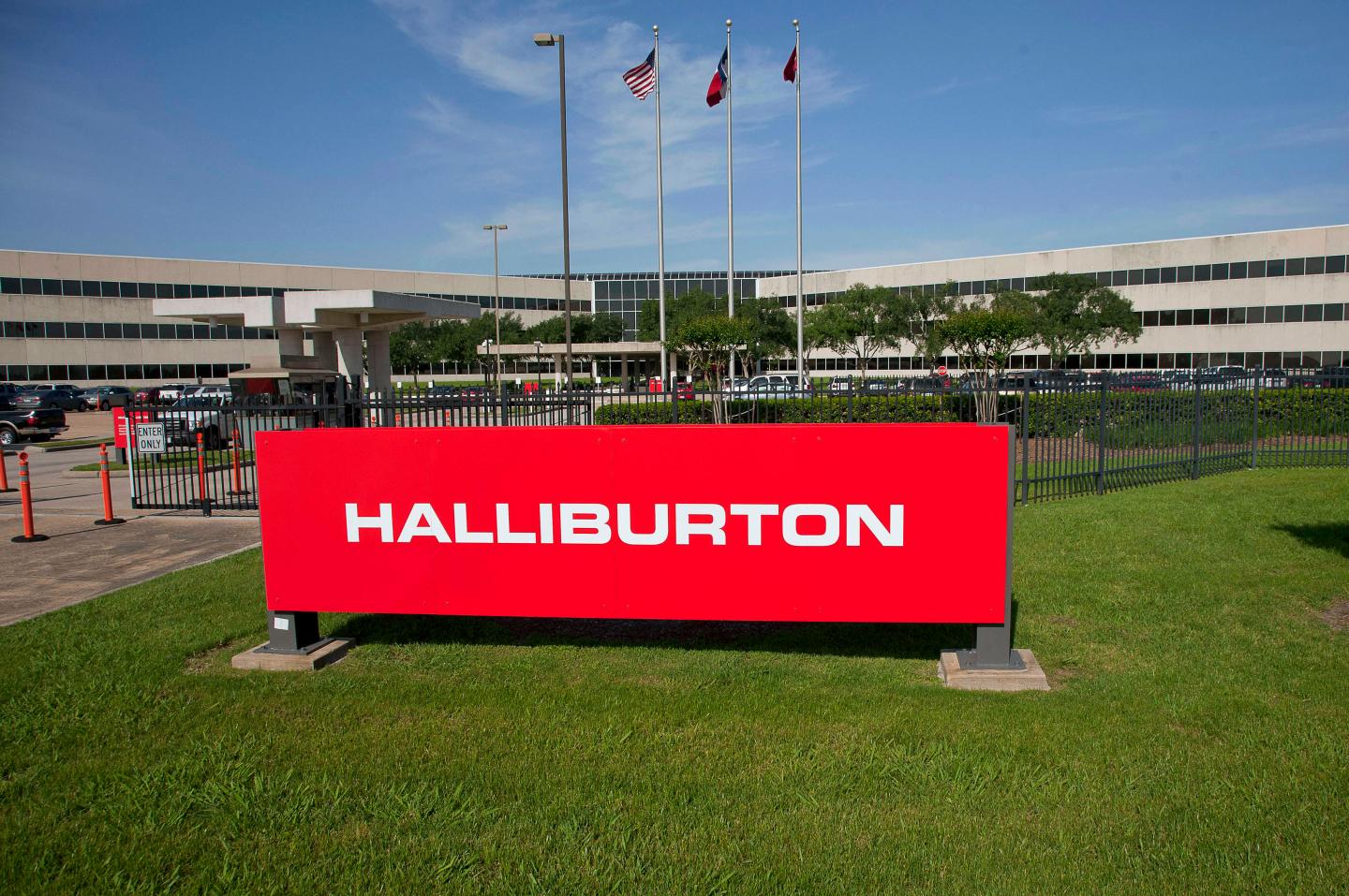 The company logo of Halliburton oilfield services corporate offices is seen in Houston