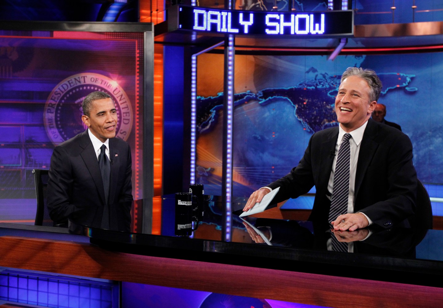 U.S. President Obama participates in a taping of the Daily Show with Jon Stewart in New York