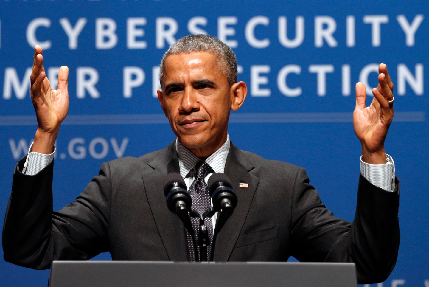 Obama speaks at the Summit on Cybersecurity and Consumer Protection in Palo Alto, California