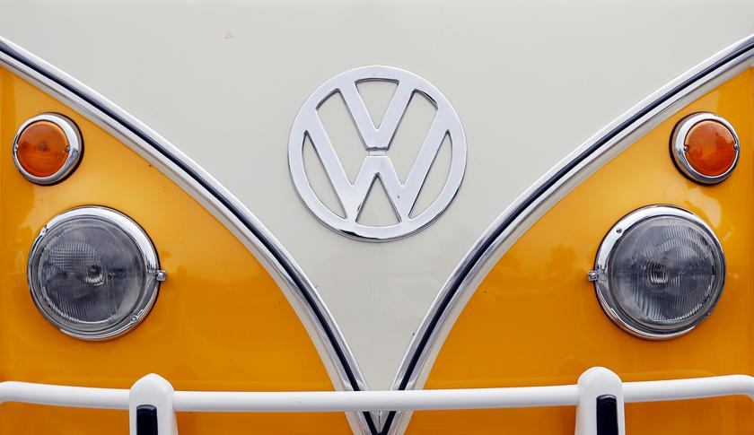 The Volkswagen logo is seen on a Kombi minibus during a Kombi fan club meeting in Sao Bernardo do Campo