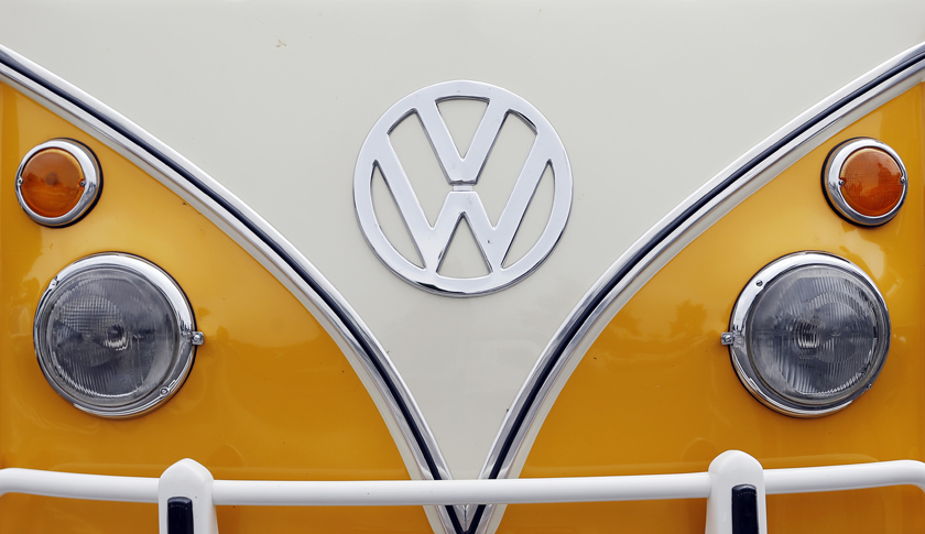 The Volkswagen logo is seen on a Kombi minibus during a Kombi fan club meeting in Sao Bernardo do Campo