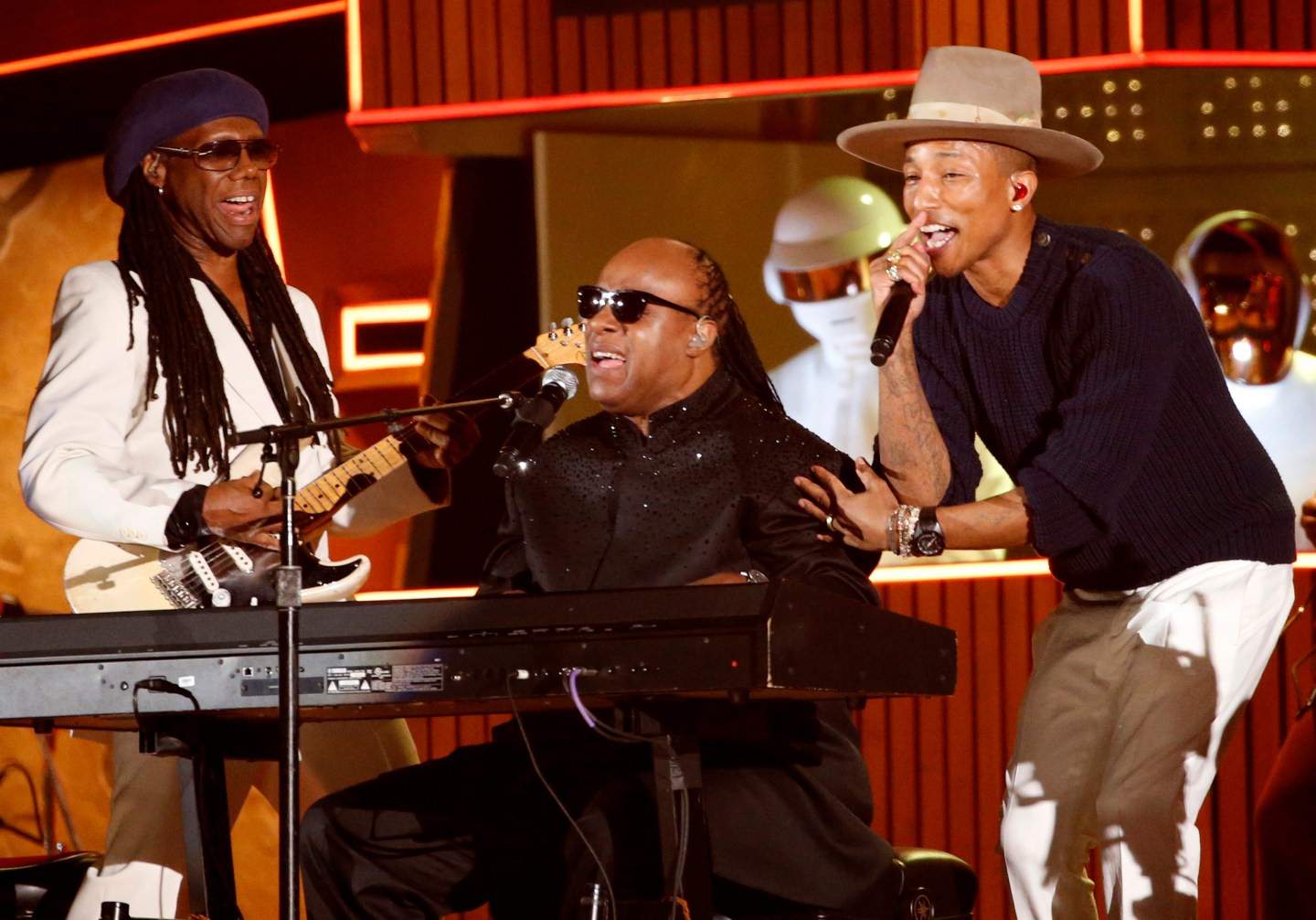 Wonder performs the Daft Punk's song "Get Lucky" with Williams and Rodgers at the 56th annual Grammy Awards in Los Angeles