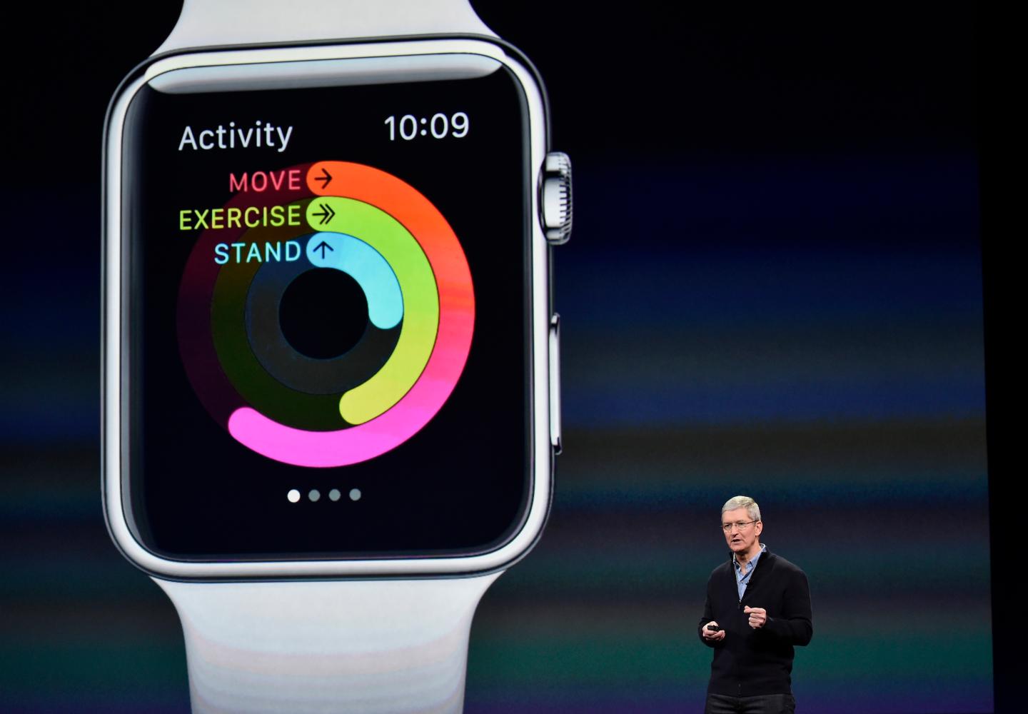 Tim Cook, chief executive officer of Apple Inc., speaks during the Apple Inc. Spring Forward event in San Francisco, California, U.S., on Monday, March 9, 2015. Cook returns to the spotlight to answer questions on many of the Apple Watch's key selling points, including price range, battery life and when in April it will reach stores. Photographer: David Paul Morris/Bloomberg via Getty Images