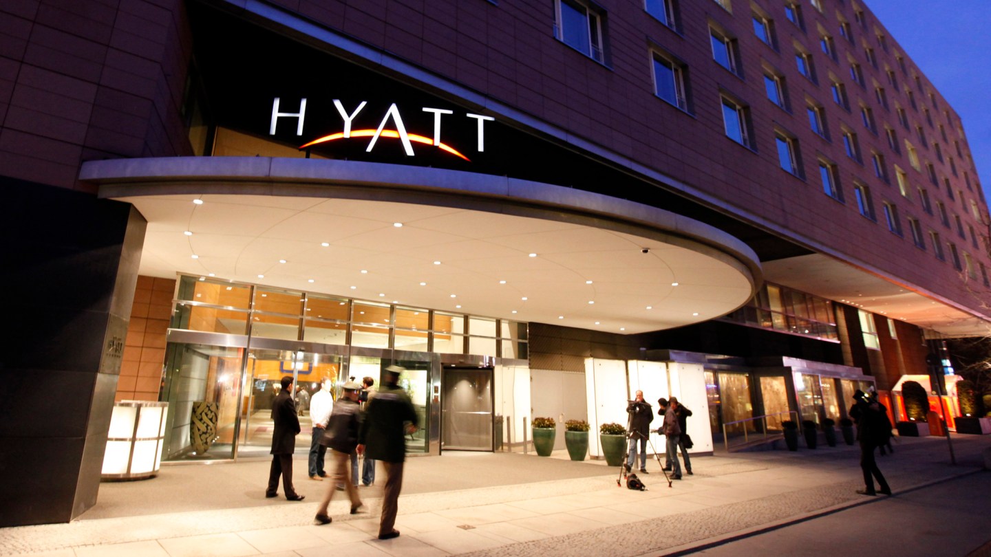 A general views shows the main entrance of the Grand Hyatt hotel after a group of armed men stormed the hotel during a poker tournament in Berlin
