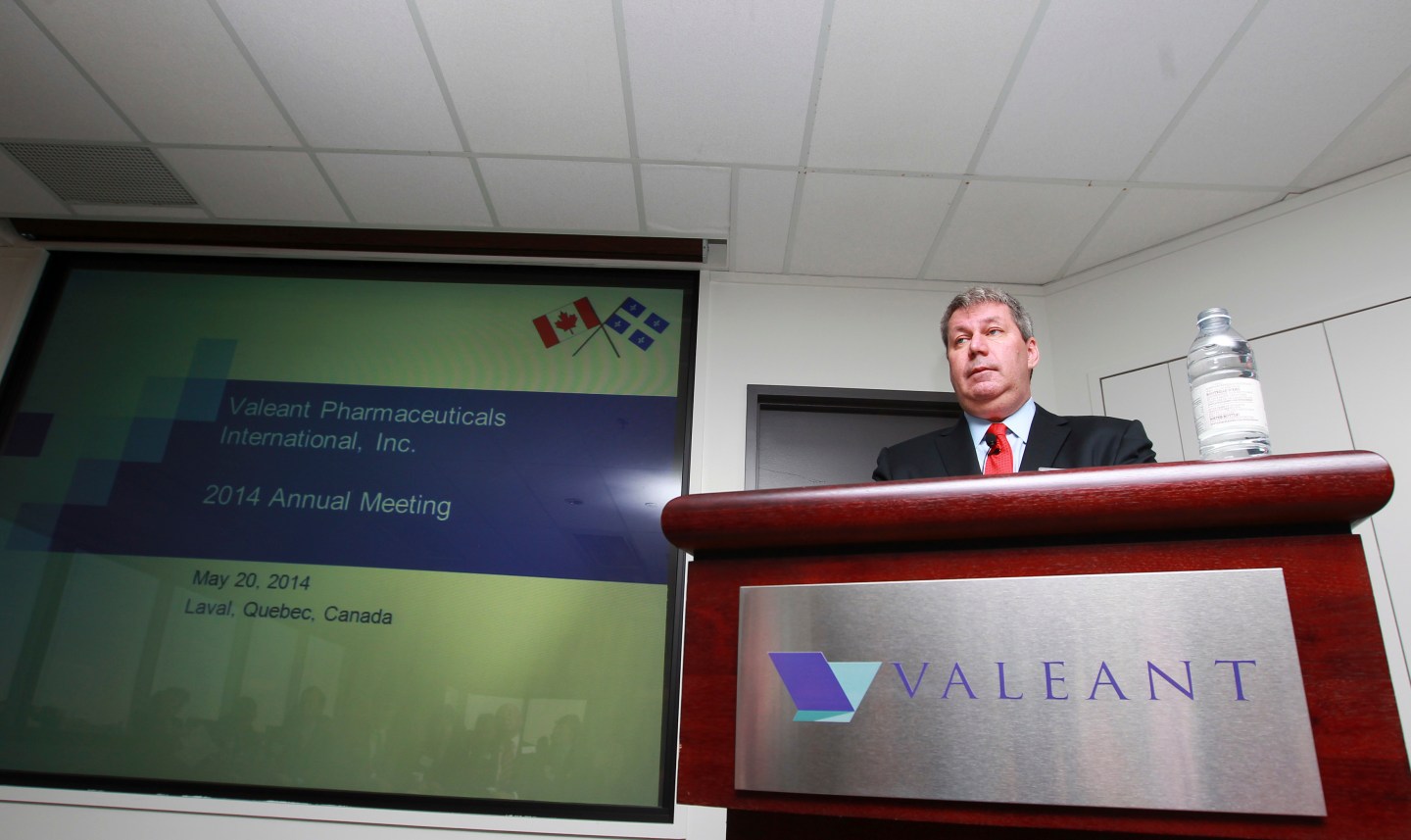 J. Michael Pearson, Chairman of the board and Chief Executive Officer of Valeant Pharmaceuticals International Inc., speaks during their annual general meeting in Laval, Quebec