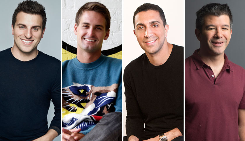 Airbnb CEO Brian Chesky, left, Snapchat CEO Evan Spiegel, Tinder President Sean Rad, and Uber CEO Travis Kalanick: among the many celebrated startups with no women on boards.