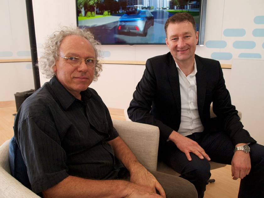 Alex Mankowsky (left), the futurist, and Holger Hutzenlaub (right), the designer, are the architects of Mercedes’s vision for mobility in 2030. (Photo by Bradley Berman.)
