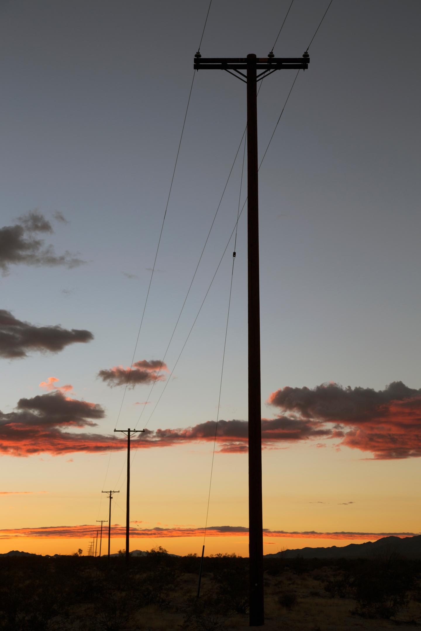 Telephone polls at sunset, Interstate 10, near Palm Springs, California