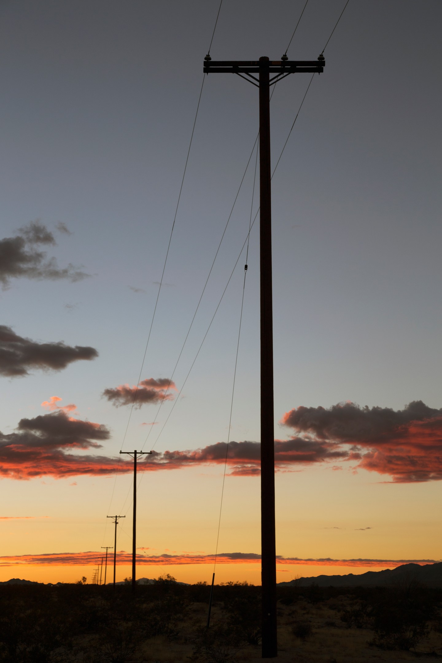 Telephone polls at sunset, Interstate 10, near Palm Springs, California