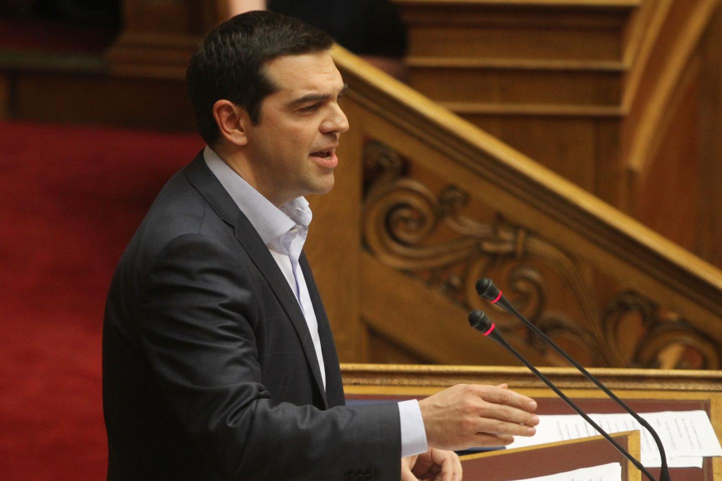 Greek Prime Minister Alexis Tsipras speaks at parliament in Athens