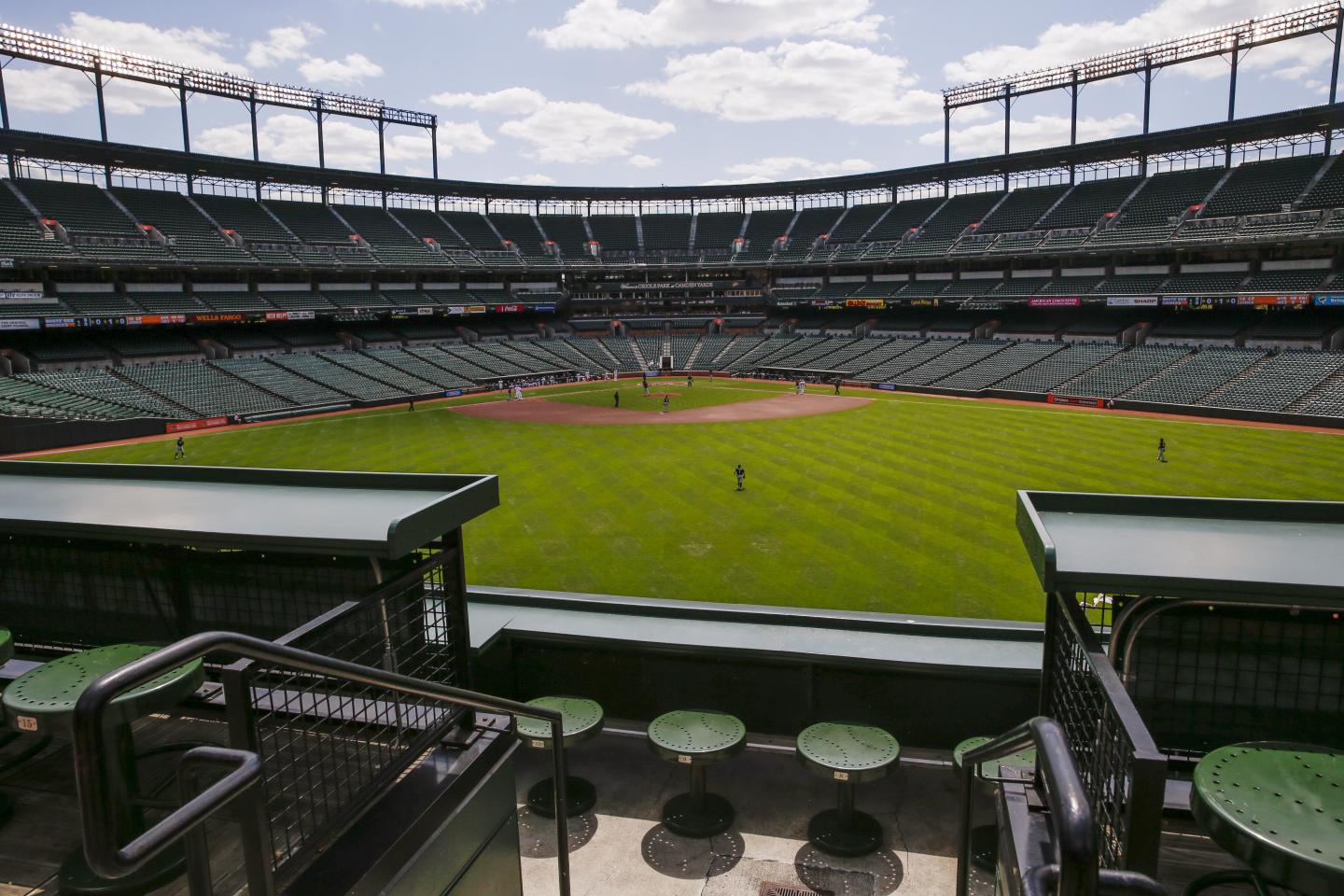 Camden Yards ballpark sits empty of fans during the Baltimore Orioles against Chicago White Sox American League baseball game in Baltimore, Maryland