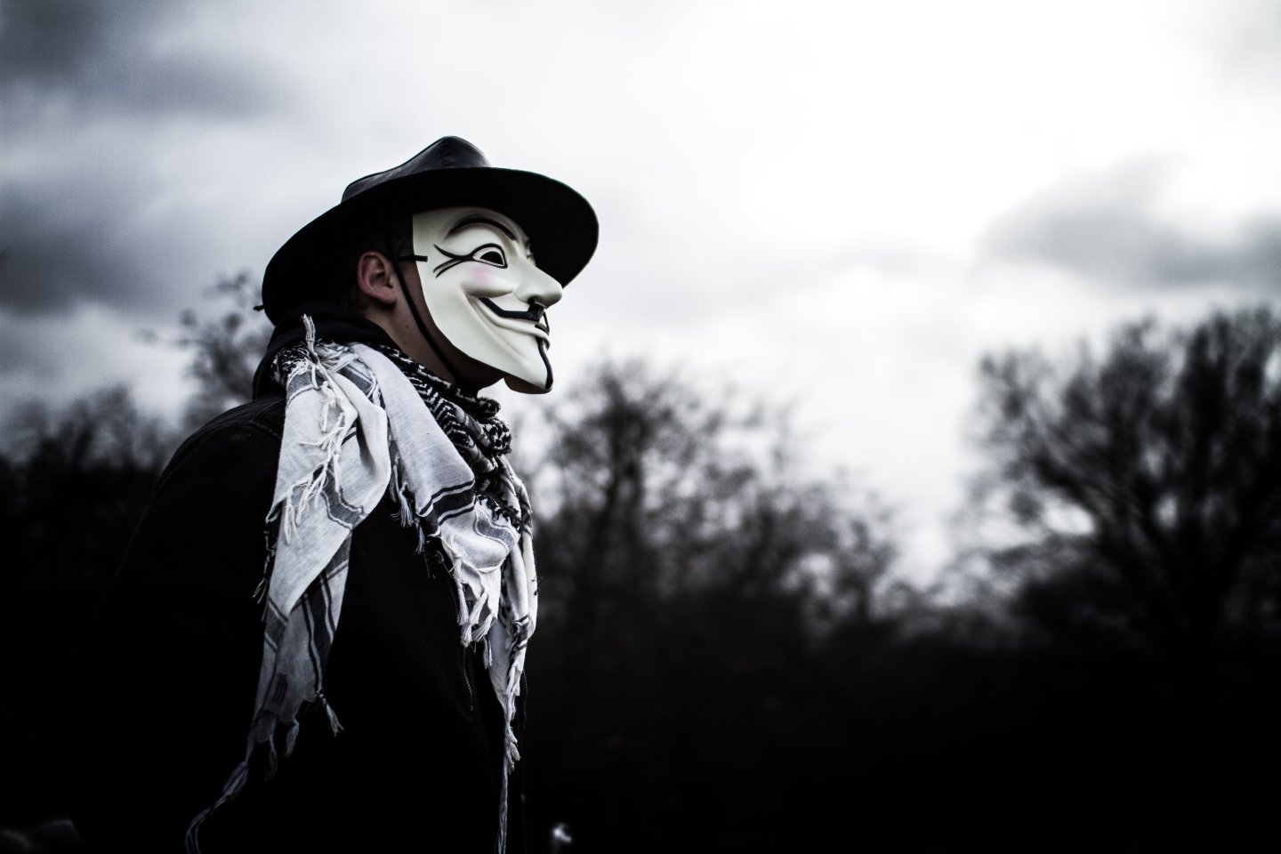 Person wears a Guy Fawkes mask which today is a trademark and symbol for the online hacktivist group Anonymous. 2012.