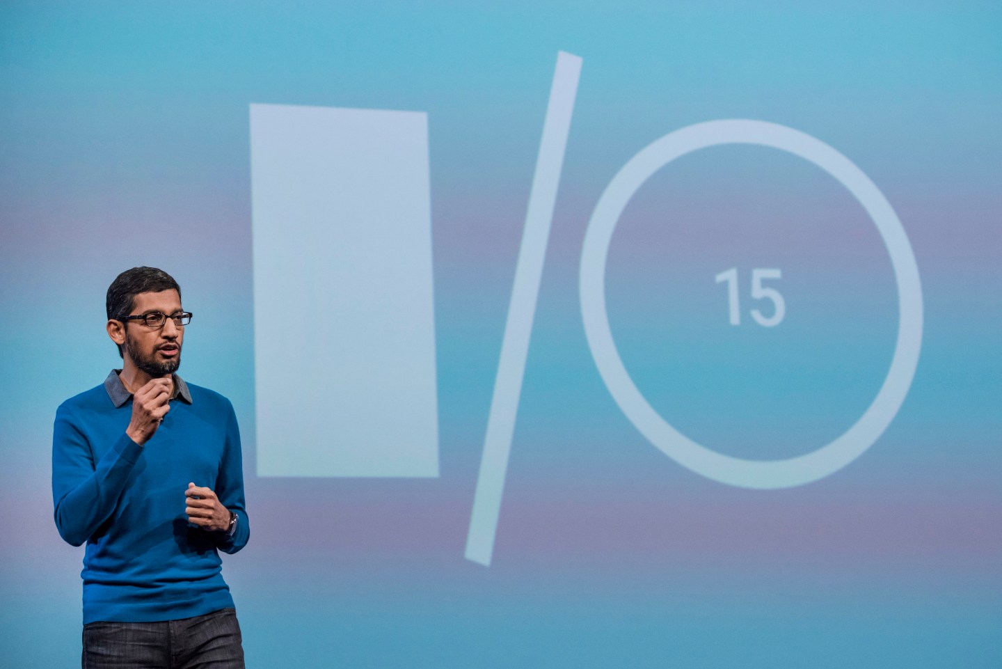 Sundar Pichai, senior vice-president of Products for Google Inc., speaks during the Google I/O Annual Developers Conference in San Francisco, California, U.S., on Thursday, May 28, 2014. Google Inc. executives are taking the stage this week to talk about a plethora of new technologies, including automobiles, home automation, digital TV, Web-connected devices and a new version of Android. Photographer: David Paul Morris/Bloomberg *** Local Caption *** Sundar Pichai