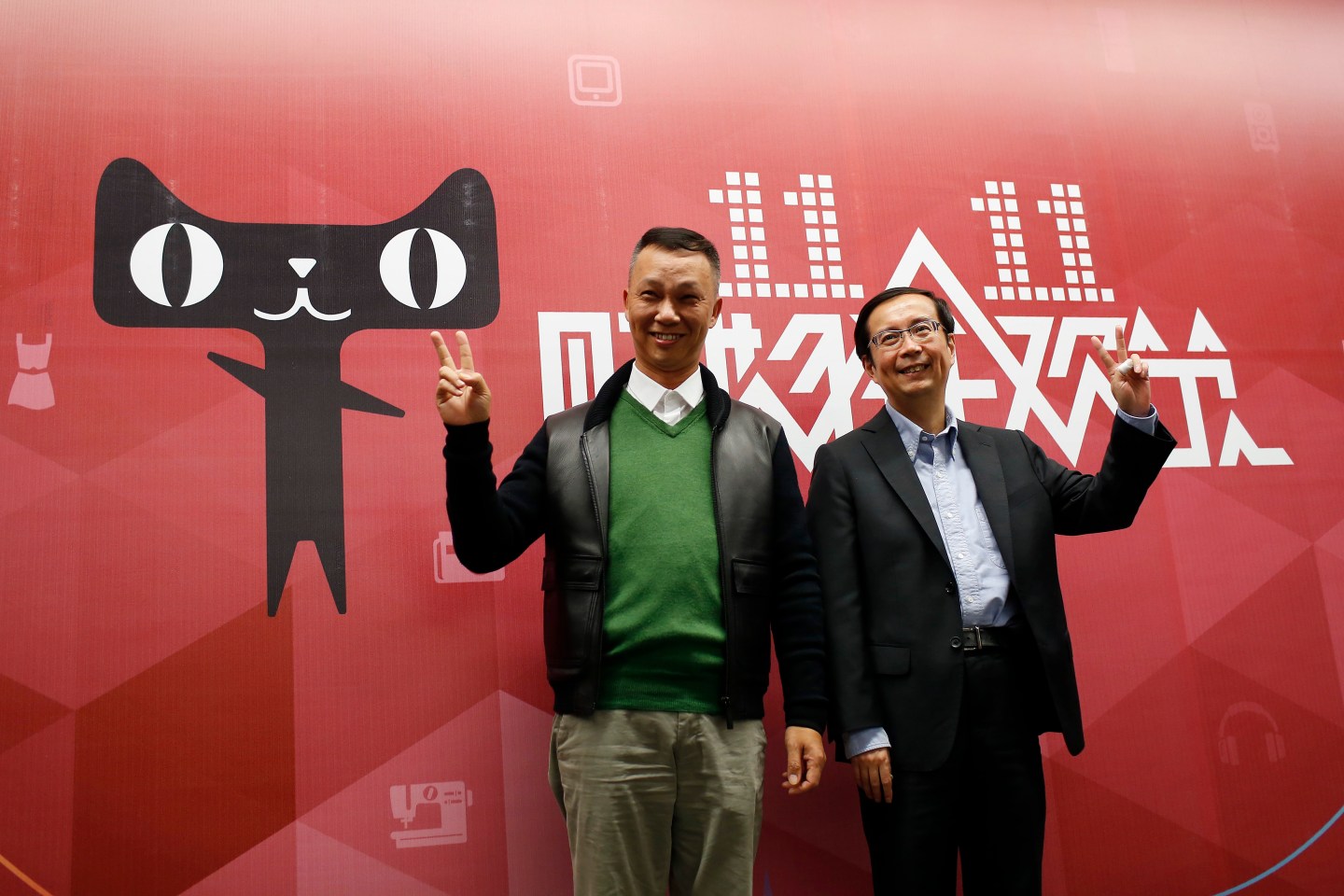 Alibaba Group CEO Jonathan Lu and Alibaba Group COO Daniel Zhang pose for a photo at the company's headquarters in Hangzhou