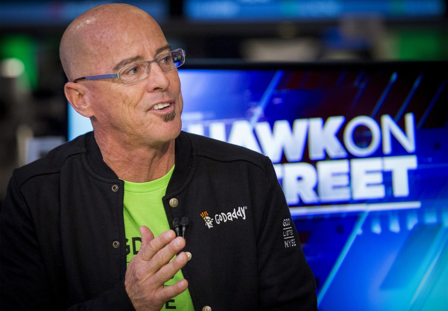 GoDaddy CEO Blake Irving speaks during an interview on CNBC following his web hosting company GoDaddy's IPO on the floor of the New York Stock Exchange