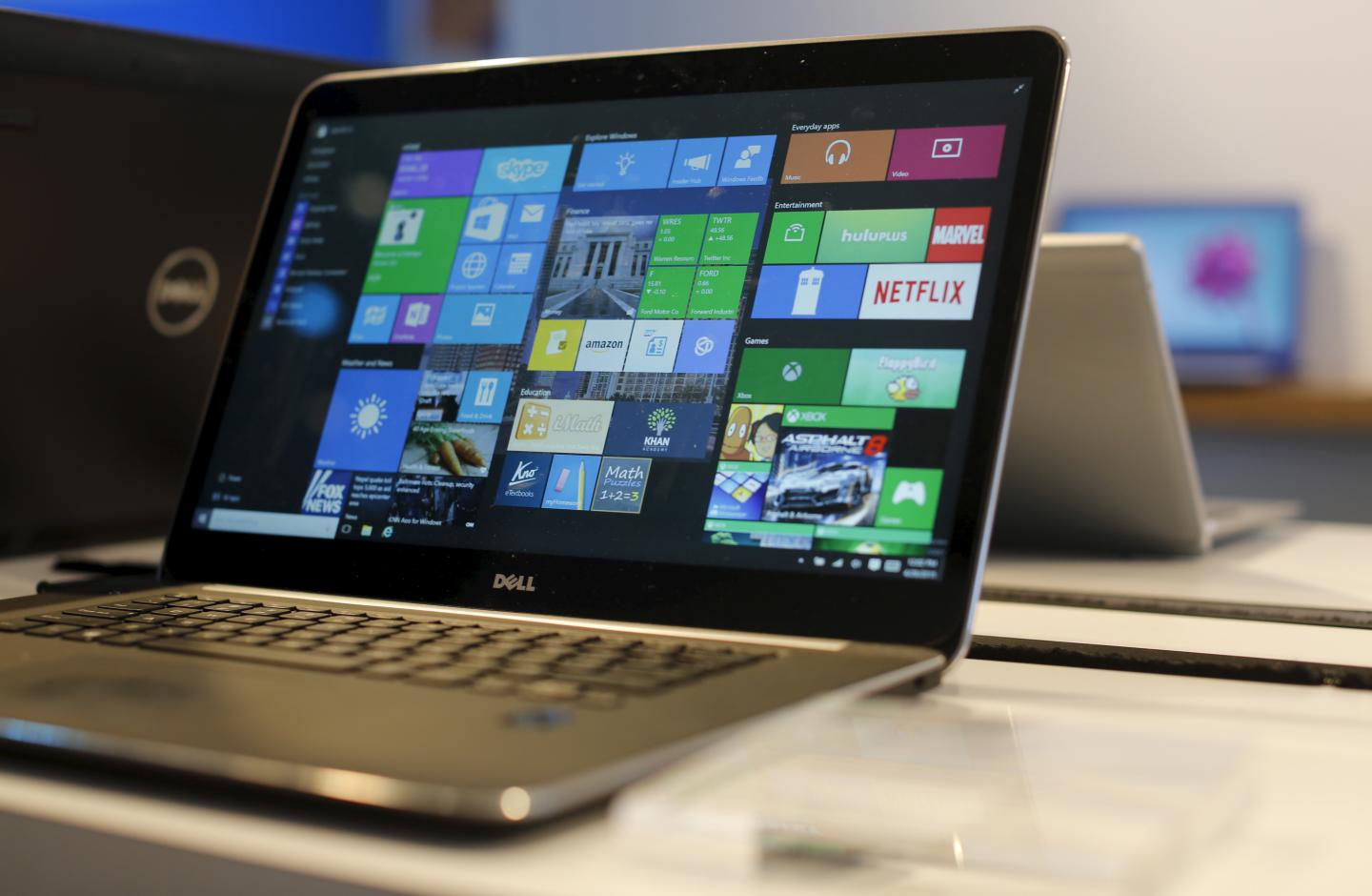 A laptop computer featuring Windows 10 is seen on display at Microsoft Build in San Francisco