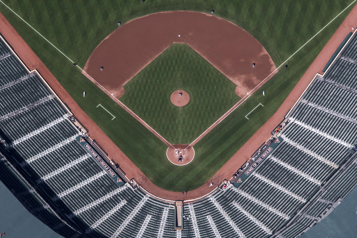 Camden Yards ballpark is seen without fans in this aerial image as Orioles take the bat against the White Sox in Baltimore