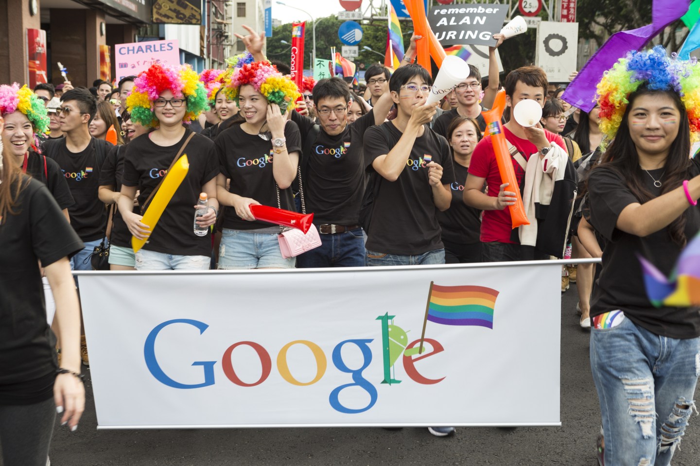 Google staff take part in the 2014 gay pride march. The