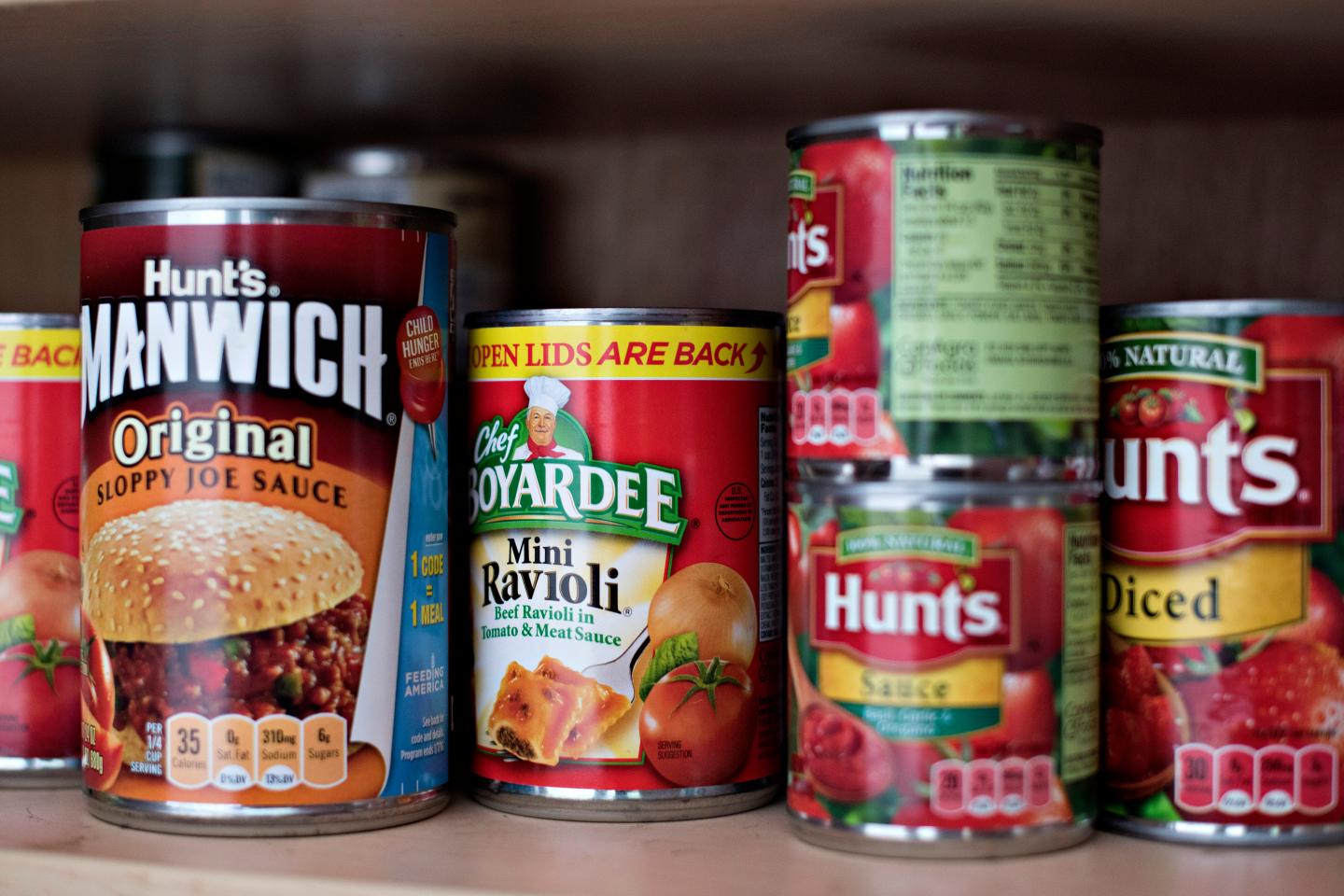 ConAgra Foods Chef Boyardee brand mini ravioli is displayed for a photograph in Tiskilwa, Illinois, U.S., on Monday, March 23, 2015. ConAgra Foods, Inc., is scheduled to report its fiscal 2015 third-quarter results on Thursday, March 26, 2015. Photographer:  Daniel Acker/Bloomberg