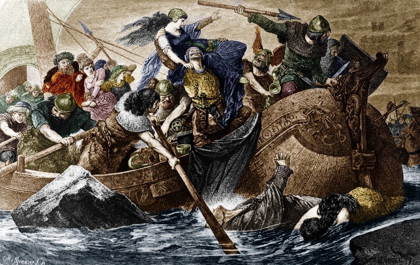 Vikings or Normanns landing at a beach before a raid Digitally colorized. Original: image no 00017140 - no date (cir. 800)
