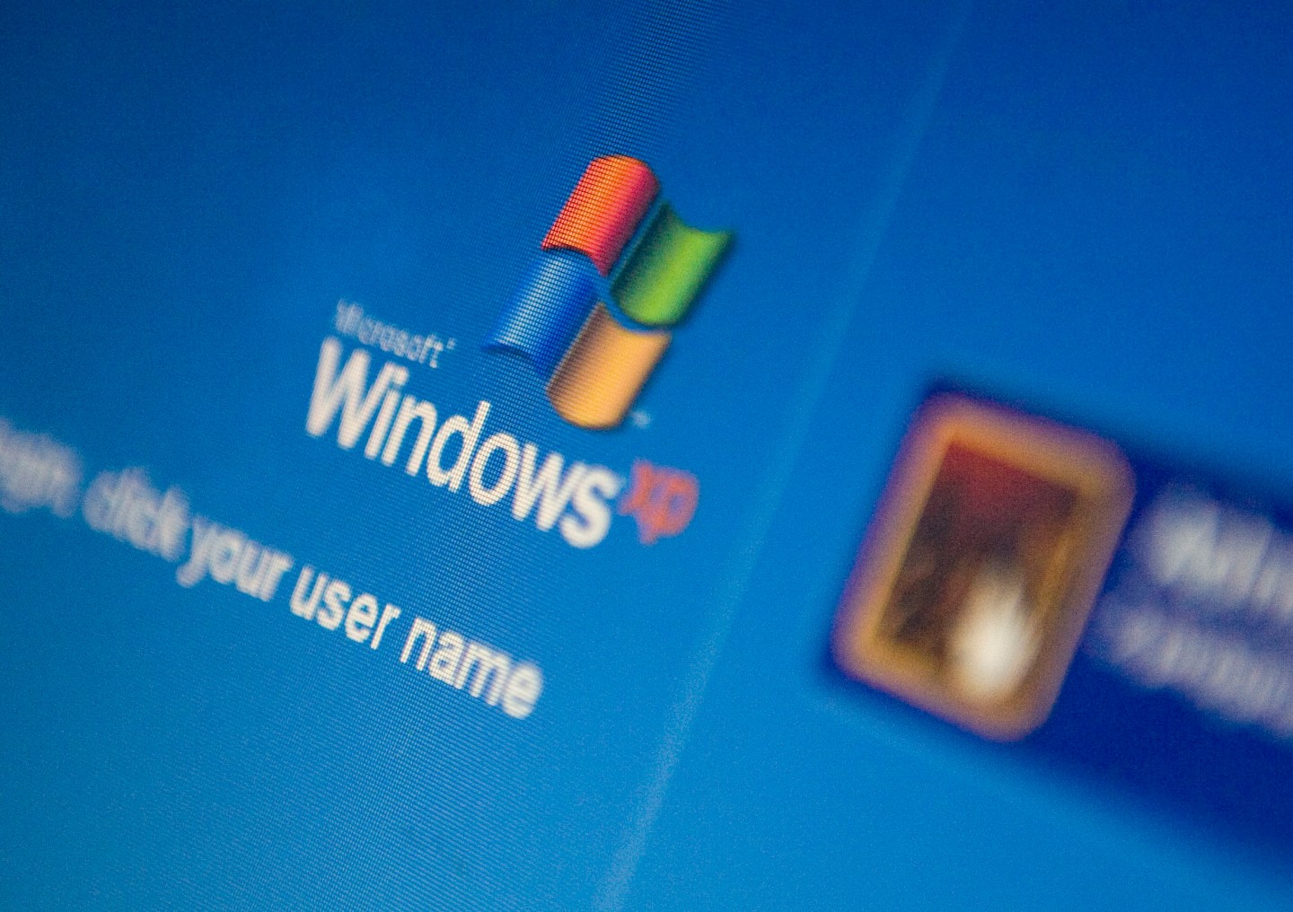 The Microsoft Windows XP log-in screen is displayed on a lap