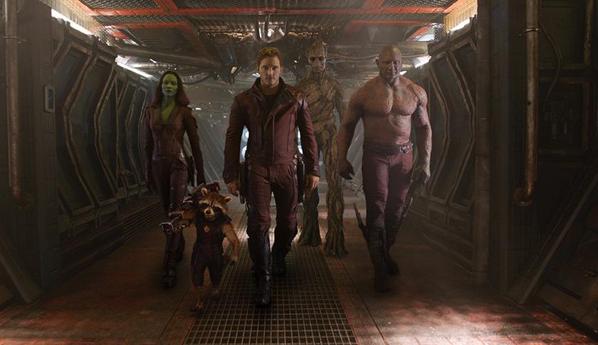 Marvel's Guardians Of The GalaxyL to R: Gamora (Zoe Saldana), Rocket Racoon (voiced by Bradley Cooper), Peter Quill/Star-Lord (Chris Pratt), Groot (voiced by Vin Diesel) and Drax the Destroyer (Dave Bautista)Ph: Film Frame©Marvel 2014